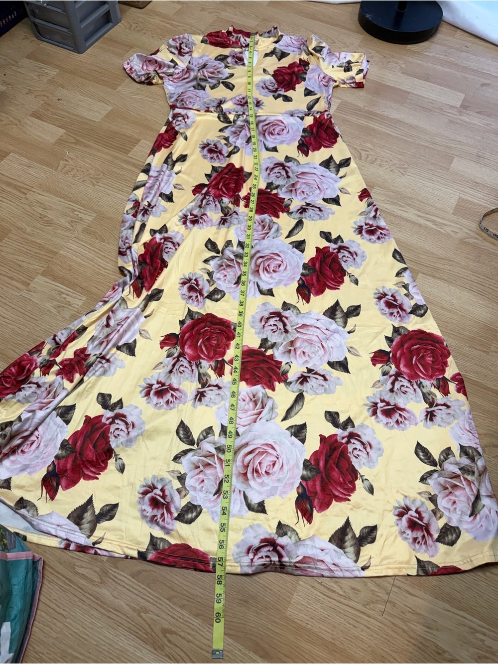 Floral Maxi Dress XL Yellow Pink Rose Print Empire Waist Keyhole Neck - Picture 4 of 6